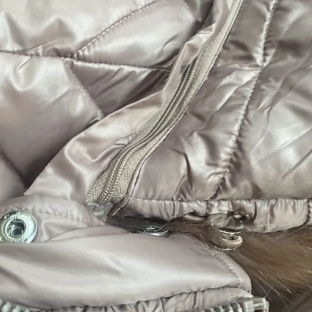$295 Kenneth Cole Long Puffer Coat hooded fur trim XS